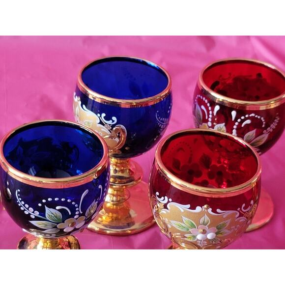 8 Piece Blue Red Gold Enamel Floral Embellished Brandy Snifters Cordial Glasses - Picture 10 of 12